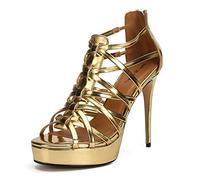 MUYEY Große Größe Herren High Heels Leder 13,5 cm Stilettos Damen Offene Spitze Sexy Knöchelriemen Riemchen Sandalen Pumps Für Formelle Anlässe Büroparty,Gold,46 EU