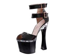 MUYEY High Heel 18CM/7.09IN Damen High Heels Knöchel Peep Grobe Ferse Sandalen Damen Plateau Offene Spitze High Heel Stiletto Pumps Sexy Pole Dance Schuhe,Schwarz,34 EU