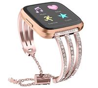 MVRYCE Kompatibel Mit Versa 2 Ersatzband, Bling Kristall Edelstahl Uhrenarmband mit Verstellbarem Schloss Schiebeschmuck Armband Kompatibel für Fitbit Versa/Versa 2/Versa Lite (Roségold)