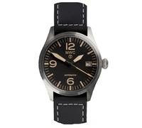 MWC Classic Aviator Automatik Stahl Schwarz Datum Leder Militär Uhr Herren, Schwarz , Armband