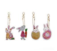 MWOOT 4 Stück 5D DIY Ostern Hase Diamant Malerei Schlüsselbund, Doppelseitig Easter Full Drill Butterfly Diamond Pasted Painting Keychain Strass Bilder für Kinder Damen Rucksack Handtasche Dekoration