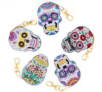 MWOOT 5 Stück 5D Diamant Malerei Schlüsselbund mit Schädel Muster, Halloween DIY Doppelseitig Diamond Art Painting Keychain für Handtasche Dekoration