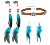 MWOOT Feder Haarschmuck Clip, Indianer Feder Haarverlängerungen Damen, Braun Drop Leder Choker Halskette, Federohrringe Blau, Boho Stammes-Schmuck für Frauen Karneval Cosplay Tribal Kostüm Party