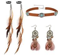 MWOOT Feder Haarschmuck Clip, Indianer Feder Haarverlängerungen Damen, Retro Drop Leder Choker Halskette, Traumfänger-Ohrringe, Boho Stammes-Schmuck Set für Frauen Karneval Cosplay Tribal Kostüm Party