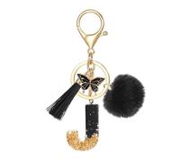 MWOOT Schlüsselanhänger Buchstabe J, Schlüsselanhänger mit Anfangsbuchstaben Schmetterling Bommel Quasten Anhänger für Damen Mädchen, Schwarz Harz Schlüsselringe Name für Rucksack Handtaschen Charms
