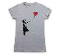 My Icon Art & Clothing Banksy Girl Heart Balloon Graffiti Street Art Damen T-Shirt, Grau, Medium