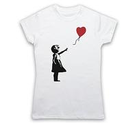 My Icon Art & Clothing Banksy Girl Heart Balloon Graffiti Street Art Damen T-Shirt, Weiß, Small