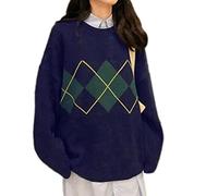 Myazs Damen Langarm O-Neck Sweater Argyle Plaid Muster Oversized Knitwear Tops Pullover Weste Damen Argyle