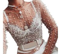 Myazs Damen Langarm-Oberteil aus durchsichtigem Netzstoff, glänzende Perlen für Strass, O-Ausschnitt, Pullover, Hemd, Bluse, schmale Abdeckung, Party, Club, Frauen, Vertuschung, Party, Clubwear, weiß,
