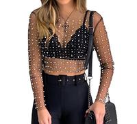 Myazs Damen Langarm-Pullover, durchscheinendes Netzgewebe, bauchfreies Top, glänzende Perlen für Strasssteine, Rundhalsausschnitt, Pullover, Hemd, Bluse, schmales Cover-Up, Party, Clubwear