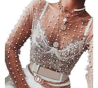 Myazs Langärmeliges Crop-Top für Damen, Netzstoff, glänzende Perlen für Strass, Rundhals, Pullover, Hemd, Bluse, schmale Abdeckung, Party, Club, Damen, Vertuschung, Party, Clubwear, weiß, Large