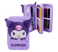 mybagstory | Kuromi Plüschmäppchen gefüllt mit 2 Fächern | Komplettes Schulset mit 28 Zubehörteilen | Design Kawaii, Violett, weich, für Mädchen und Sanrio-Fans | Maße 12 x 20 x 4 cm