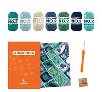 myboshi Häkelset Babydecke Kita, inkl. No.2 Wolle, Nadel und Anleitung, original Label, Häkelpaket, 85% Baumwolle, 15% Kapok Blau, Grün, mit Häkelnadel
