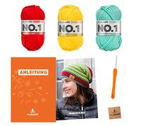 myboshi Häkelset Beanie Wakayama, Häkelset für Anfänger, inkl. No.1 Wolle, Nadel und Anleitung, Label, Häkelpaket für Anfänger, 30% Merinowolle Gelb mit Häkelnadel