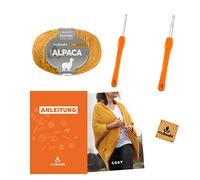 myboshi Häkelset Cardigan Cosy, inkl. Alpaca Wolle, Häkelnadeln, Anleitung und original Label, Häkelpaket, 10% Alpaka, 25% Schurwolle, Gelb, mit Häkelnadel