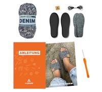 myboshi Häkelset Denim Boshiletten, Botties Sohlen-Set, Denim Garn, Häkelnadel, Anleitung, Label, 50% recyceltes Denim, 50% Baumwolle (Bio), Dunkelblau (Rebel) Größe L (41/42)
