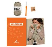 myboshi Häkelset Dreieckstuch Ayabe, inkl. No.1 Wolle, Nadel und Anleitung, Häkelpaket für Anfänger, 30% Merinowolle Schlamm mit Häkelnadel