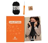 myboshi Häkelset Dreieckstuch Ayabe, inkl. No.1 Wolle, Nadel und Anleitung, Häkelpaket für Anfänger, 30% Merinowolle Schwarz mit Häkelnadel