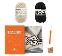 myboshi Häkelset Hausschuhe Habikino, Gr. 38/39, inkl No.2 Wolle, Nadel und Anleitung, Häkelpaket, 85% Baumwolle, 15% Kapok Schwarz mit Häkelnadel