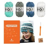 myboshi Häkelset Mütze Agano, inkl. No.1 Wolle, Nadel und Anleitung, für Mützen und Schals, Häkelpaket, 30% Merinowolle Blau, Weiß, mit Häkelnadel