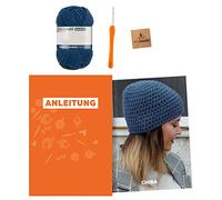 myboshi Häkelset Mütze Chiba, inkl. No.1 Wolle, Nadel und Anleitung, für Mützen und Schals, Häkelpaket, 30% Merinowolle Blau, mit Häkelnadel