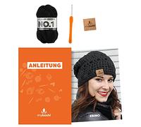 myboshi Häkelset Mütze Ebino, inkl. No.1 Wolle, Nadel und Anleitung, für Mützen und Schals, Häkelpaket, 30% Merinowolle Schwarz, mit Häkelnadel