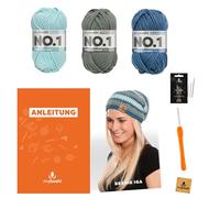 myboshi Häkelset Mütze Iga für Anfänger, inkl. No.1 Wolle, Häkelnadel, Wollnadeln, Anleitung, Label, Häkelpaket, 30% Merinowolle Anthrazit mit Häkelnadel