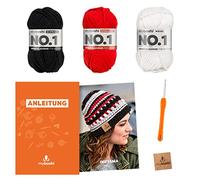 myboshi Häkelset Mütze Inuyama, inkl. No.1 Wolle, Nadel und Anleitung, für Mützen und Schals, Häkelpaket, 30% Merinowolle Schwarz, Rot mit Häkelnadel