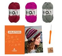 myboshi Häkelset Mütze Inuyama, inkl. No.1 Wolle, Nadel und Anleitung, für Mützen und Schals, Häkelpaket, 30% Merinowolle Rot, mit Häkelnadel