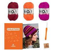 myboshi Häkelset Mütze Inuyama, inkl. No.1 Wolle, Nadel und Anleitung, für Mützen und Schals, Häkelpaket, 30% Merinowolle Pink, mit Häkelnadel