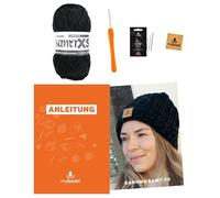 myboshi Häkelset Mütze Kanuma aus Samt XS, für Anfänger, inkl. Samt XS Garn, Häkelnadel, Anleitung und Label, 100% Polyester, Schwarz (Lakritz) mit Häkelnadel