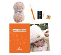 myboshi Häkelset Mütze Kanuma Big für Anfänger, inkl. Samt XL Wolle, Häkelnadel, Wollnadeln, Anleitung, Label, 100% Polyester, Rosa (Magnolie) mit Häkelnadel