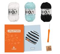 myboshi Häkelset Mütze Suita für Anfänger, inkl. No.1 Wolle, Nadel und Anleitung, original Label, Häkelpaket, 30% Merinowolle Weiß, Blau, Schwarz, mit Häkelnadel