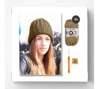 myboshi Häkelset Wintermütze Kanuma, inkl. No.1 Wolle, Nadel und Anleitung, Häkelpaket für Anfänger, 30% Merinowolle Braun mit Häkelnadel