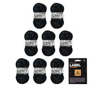 myboshi Samt-Wolle, inkl. original myboshi Label in Lederoptik, weiches Chenille-Garn, Ll. 100m/50g, für Amigurumi und Kissen, 100% flauschige Polyester Schwarz (Rabe), 8 Knäuel