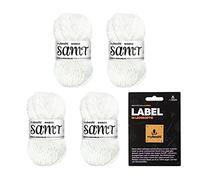 myboshi Samt-Wolle, inkl. original myboshi Label in Lederoptik, weiches Chenille-Garn, Ll. 100m/50g, für Amigurumi und Kissen, 100% flauschige Polyester Weiß (Eisbär), 4 Knäuel