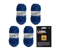 myboshi Samt-Wolle, inkl. original myboshi Label in Lederoptik, weiches Chenille-Garn, Ll. 100m/50g, für Amigurumi und Kissen, 100% flauschige Polyester Blau (Pfau), 4 Knäuel