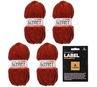 myboshi Samt-Wolle, inkl. original myboshi Label in Lederoptik, weiches Chenille-Garn, Ll. 100m/50g, für Amigurumi und Kissen, 100% flauschige Polyester Rot (Fuchs) 4 Knäuel