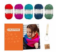 myboshi Strickset Schal New Haven, inkl. No.1 Wolle, Rundstricknadel, Anleitung und Label, Strickpaket für Anfänger, 30% Merinowolle Magenta mit Rundstricknadel