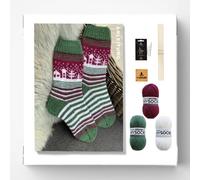 myboshi Strickset Weihnachtssocken Chaima, inkl. mysocks Uni Sockenwolle, Nadelspiel, Wollnadeln, Anleitung, Label, 75% Schurwolle, 25% Polyamid, Weiß-Grün-Rot mit Nadelspiel
