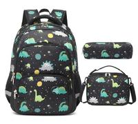 mygreen Kinder Rucksack Set, 3-in-1 Schulrucksack mit Lunchbox & Federmäppchen für Jungen Mädchen, Leicht Langlebig für Kita, Picknick, Outdoor-Reisen, Schwarze Dinosaurier
