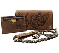 myledershop Echt Büffel-Vollleder Querformat Bikerbörse/Geldbörse/Geldbeutel/Portemonnaie mit Metallkette und Totenkopf-Motiv mit herausnehmbarem Kartenetui mit RFID & NFC Schutz (Braun)
