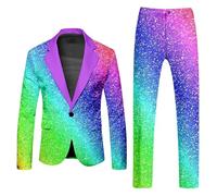 Mymyguoe Anzug Herren 2 Teilig Sets Regenbogen Mottoparty Disco Anzug Herrenanzug 2 Teiler Disco Outfit Blazer Anzugjacke Hose Set Sakko Anzughose Zweiteiler Faschingskostüme Karneval Kostüm