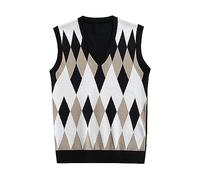 Mymyguoe Argyle Muster Strickpullover Herren Karo Weste V-Ausschnitt Pulloverwestee Strickwaren Strickpullunder Ärmellose Strickweste Pullunder Herbst Winter Zopfstrickpullover Kurz Tank Top