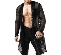 Mymyguoe Durchsichtig Cardigan Herren Lang Strickjacke Morgenmantel Unterwäsche Reizwäsche Clubwear Mesh Transparent T-Shirt Netz Hemd Muskelshirt Teiltransarenter