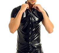 Mymyguoe Herren Poloshirt Latex T-Shirt schwarz Leder Optik Männer Shirt Unterhemd Kurzarm Unterwäsche Stretch Hemd Tops Clubwear Guywear Gogo Swingerclub Freizeithemd Muskel Top