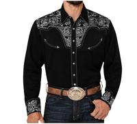 Mymyguoe Herren Western Cowboy Besticktes Hemd Schlank Langarmhemd Western Hemd Cowboy Shirts Hochzeit Party Hemd Vintage Westernhemd Retro Hemd Revers Hemd Cowboy Druck Traditionelles Hemd