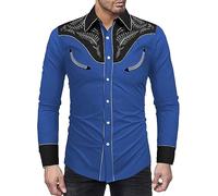 Mymyguoe Herren Western Cowboy Besticktes Hemd Schlank Langarmhemd Western Hemd Cowboy Shirts Hochzeit Party Hemd Vintage Westernhemd Retro Hemd Revers Hemd Cowboy Druck Traditionelles Hemd