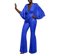 Mymyguoe Jumpsuit Damen Elegant Langarm V-Ausschnitt Glitzer Playsuit Cocktail Party Overalls Karneval Kostüm Pailletten Hosenanzug Romper 70Er Jahre Outfit Pailletten Overall