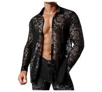 Mymyguoe Kinky Outfit Männer Spitzen Herrenhemd Durchsichtig Erotik Netz Hemd Unterwäsche Dessous Slim Fit Sexy Casual Bequem Soft Freizeithemd Netzhemd Strandhemden Lässig Lace Shirts